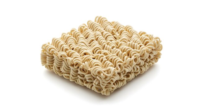 Instant noodle block with sculpted wavy texture under soft diffused lighting, isolated white.