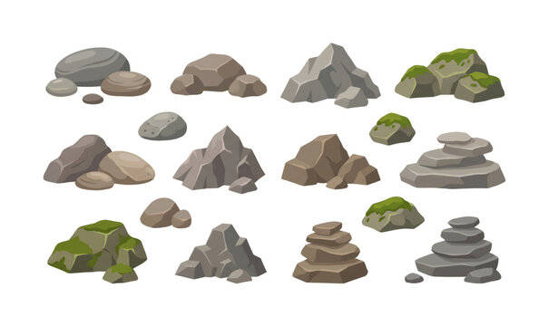 Collection of various stacked stone cairns.