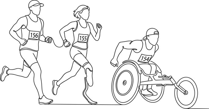Inclusive sports event line art with diverse athletes running and using a racing wheelchair.
