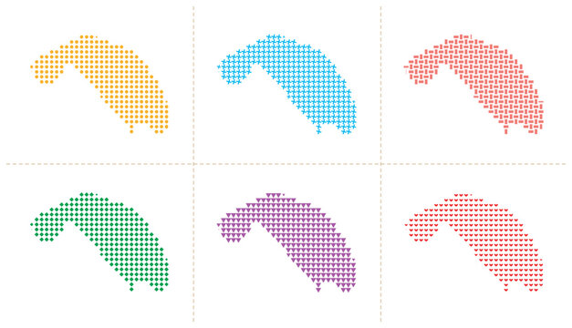 Geographic map of island shaped regions with six distinct mosaic patterns vector design.