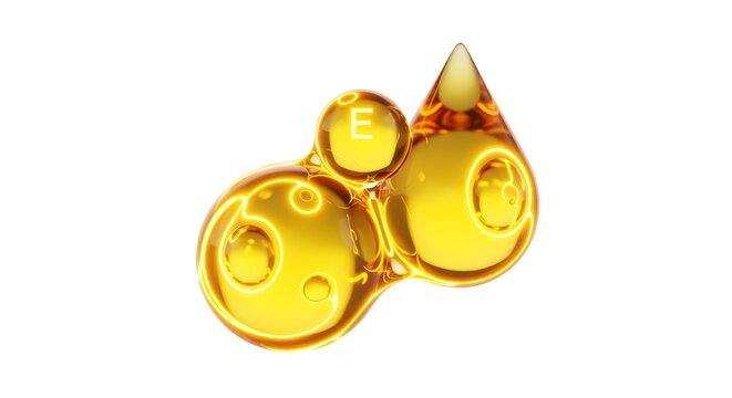 Golden neon glowing oil drops representing Vitamin E, isolated on pure white background, no shadows