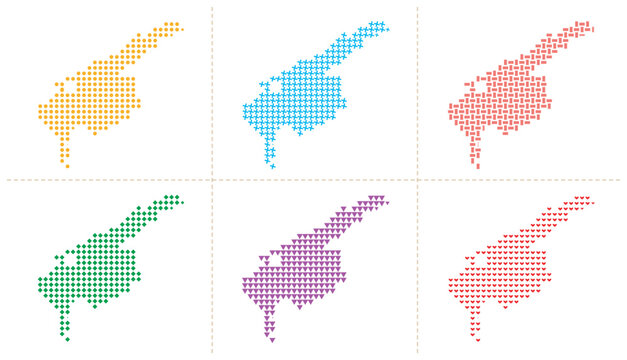 Set of six artistic map designs presented as stylized colorful vector graphic patterns.