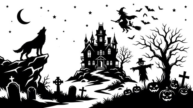 Spooky halloween scene haunted castle howling wolf witch on broom and jack o' lanterns under a crescent moon