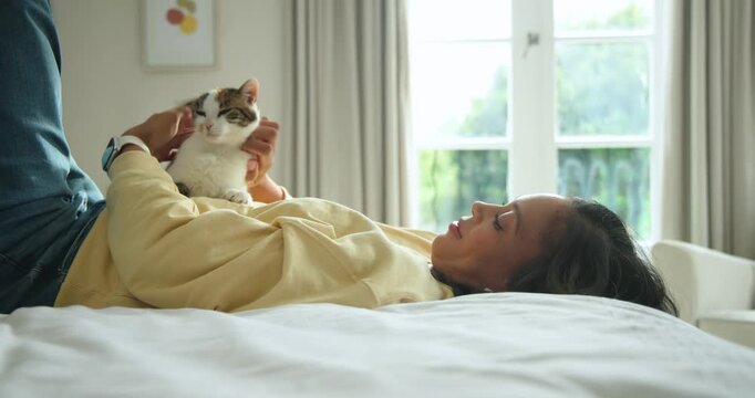 African American woman on bed, calico cat climbing torso, steadying, petting, shifting, calming cat