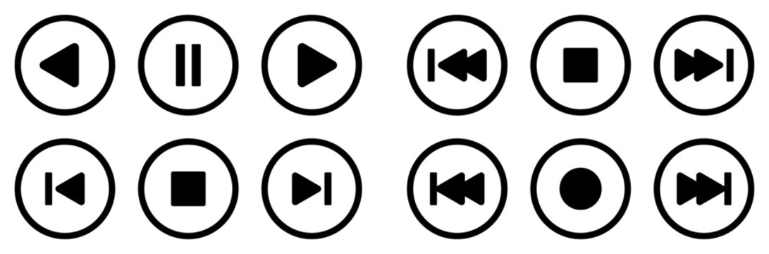 Media player control icon set. Media, player, play, pause, stop and playback buttons for audio players, video streaming, music apps, multimedia interfaces, websites, mobile applications, UI kits and d