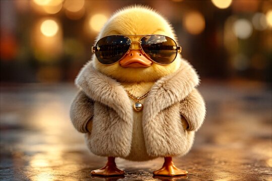 Cute Duckling Wearing Aviator Sunglasses and Luxury Fur Coat