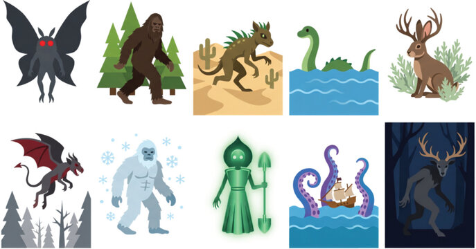 Cryptids and Legendary Creatures Collection: Bigfoot, Mothman, Nessie, Yeti, Jackalope, Chupacabra, Wendigo, Kraken, Flatwoods Monster Vector Illustration Set