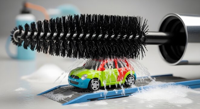 A vivid, atmospheric reinterpretation of huge mascara brush as car wash brush cleaning a toy car, written with richer detail and modern clarity.