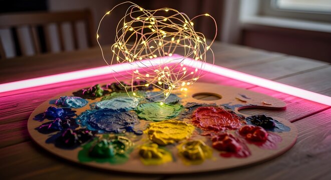 A creatively reimagined version of palette placed under glowing fairy lights + soft neon pink hue, emphasizing style, visual interest, and refined wording.