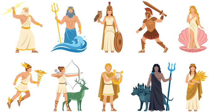 Ancient Greek Gods and Goddesses Olympian Mythology Characters Collection Vector Illustration Set