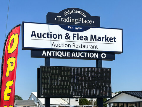 Sign for Shipshewana Trading Place Auction and Flea Market. Shipshewana, IN USA - July 8, 2026