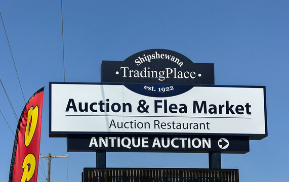 Sign for Shipshewana Trading Place Auction and Flea Market. Shipshewana, IN USA - July 8, 2026