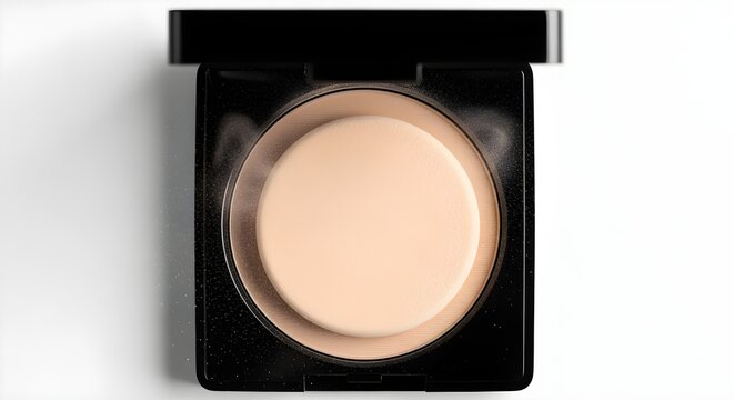 A creatively reimagined version of top view of compact powder with makeup sponge mid-tap, powder dust visible, emphasizing style, visual interest, and refined wording.