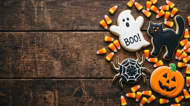 Spooky halloween treats ghost cat spider pumpkin cookies with candy corn on rustic wood background
