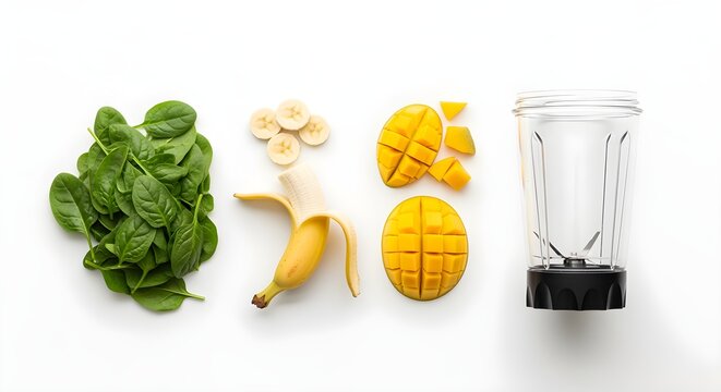 A clearer, modern reinterpretation of the ingredients for a green smoothie (spinach, banana, mango chunks) laid out individually on a white backdrop, next to an empty blender, styled for visual
