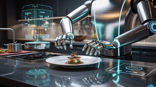 Robotic arms preparing food. Automated kitchen technology.