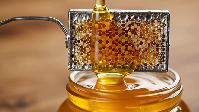 Honeycomb in metal strainer over jar