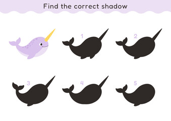 Cute narwhal shadow matching game for kids. Educational preschool worksheet with adorable Arctic sea animal and multiple silhouette choices. Printable activity for learning, attention © Stacy Draw