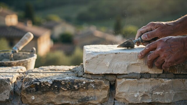 Stone masonry work sculpting limestone block with traditional tools
