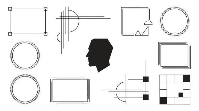 Geometric shapes and human head silhouette on a white background