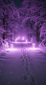 Snowy path with lanterns glowing neon purple, wallpaper