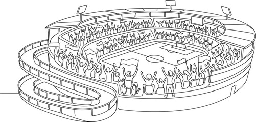 Obraz premium Black and white line art drawing of a sports stadium filled with cheering fans.