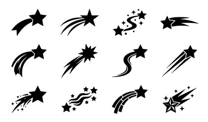 Fototapeta premium Minimal Black Shooting Star Icon Set Flat Silhouette Vector Collection with Celestial Motion Symbols for Branding Interface Stickers Decorative Graphics and Design