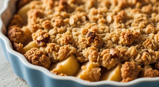 Homemade apple crisp with hazelnut topping in blue baking dish