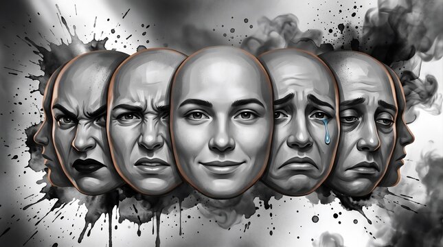 Five Faces Showing Different Emotions Anger Sadness Fear and Calm Expressions