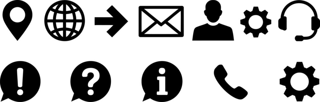 Ten black and white for communication contact and information services on a white background icon set,