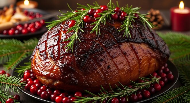 Festive glazed ham with cranberries and rosemary for holiday dinner