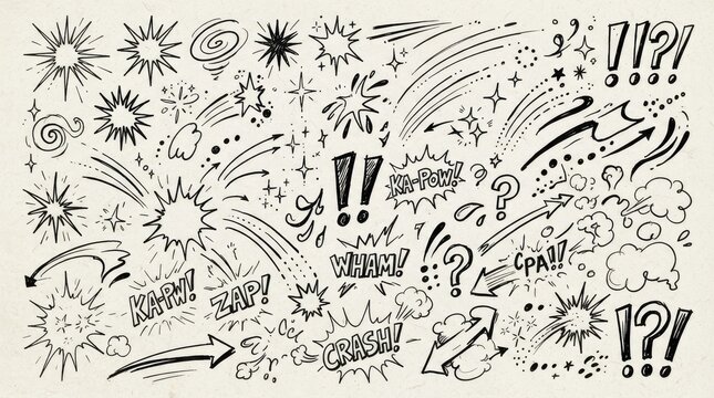 Collection of handdrawn comic book sound effects and action elements isolated on white background