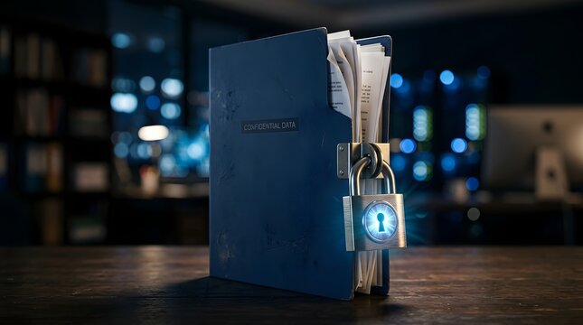 Secure document storage concept with padlock on archive box in dim office