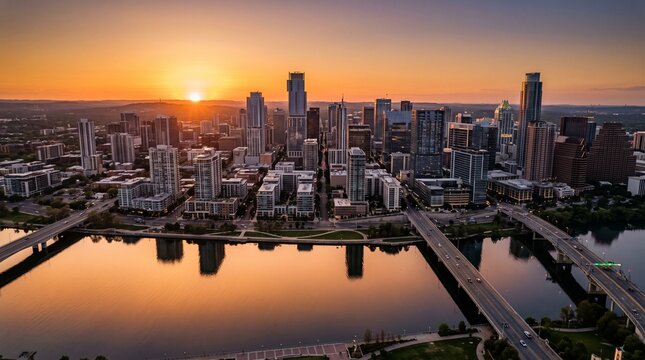 Aerial view of the Austin Texas downtown skyline at sunset featuring skyscrapers, Lady Bird Lake reflections, and urban bridges during golden hour