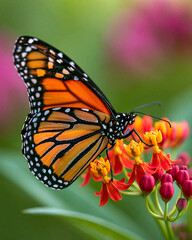 Obraz premium Monarch Butterfly on Vibrant Orange Blossom: A Macro Photography Focus on Nature's Beauty and Pollinator Role in Gardening 