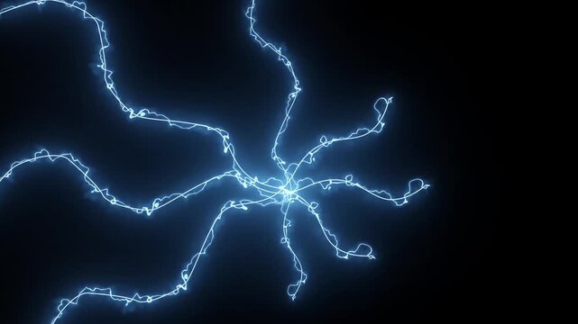 Realistic electric thunder storm transition, lightning bolt strike dramatic storm animated, blue lightning storm bolts flashing across, vibrant hand drawn energy FX on black screen background. 4k