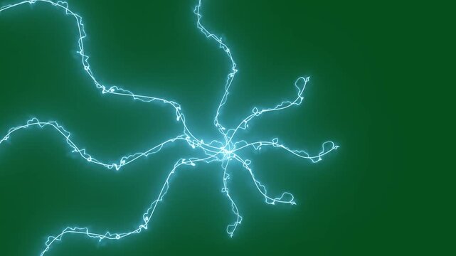 Hand drawn energy realistic thunder FX, animated storm lightning bolt overlay transition with powerful thunder strikes effects, luminous blue force lightning motion graphics on green background. 4k
