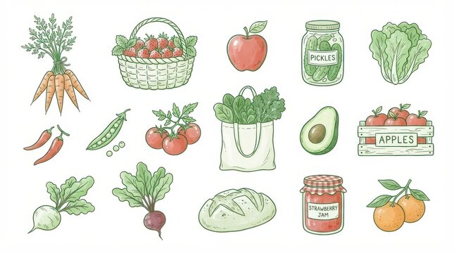 Handdrawn illustration set of fresh farm produce and food items isolated on white background