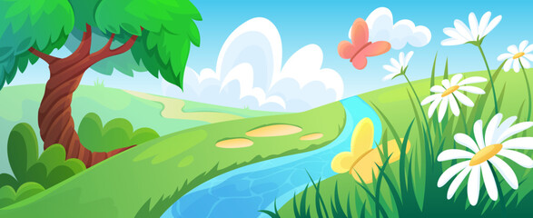 Obraz premium Meadow landscape with blooming daisies under colorful blue sky. Cartoon field background with green grass and fluffy clouds. Peaceful spring view with hills, trees and bright sunny environment.