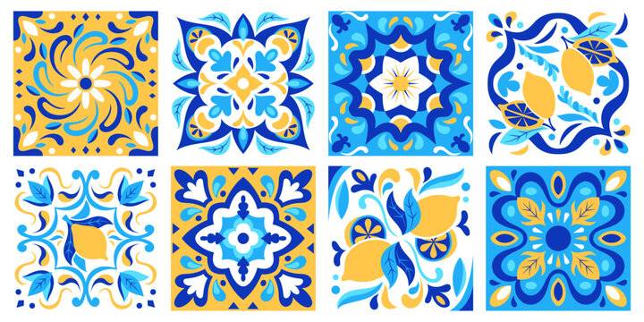 Italian ceramic tile with traditional Mediterranean pattern in blue and yellow colors. Decorative porcelain design with floral motifs, citrus elements and vintage ornament for wall and floor decor.