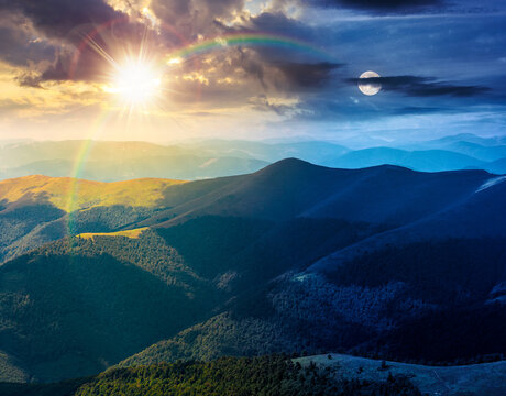 epic mountain landscape in summer. day meet night. travel ukraine background. sun and moon over rolling hill in dappled light. scenic view of borzhava ridge. carpathian mountain scenery