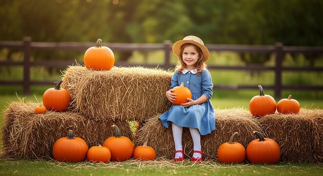 Autumn portrait little girl with pumpkins and hay bales