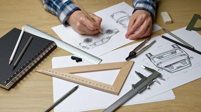 Hands of engineer sketching automotive vehicle prototype with pencil on paper at desk. Industrial designer developing new car blueprint drafts near measuring tools and rulers.