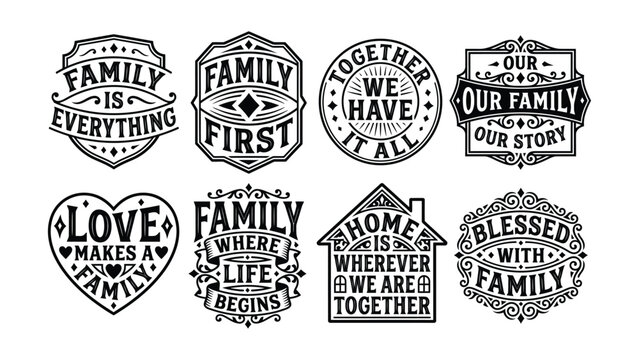 Elegant black and white family motto vintage style graphic designs with transparent backgrounds