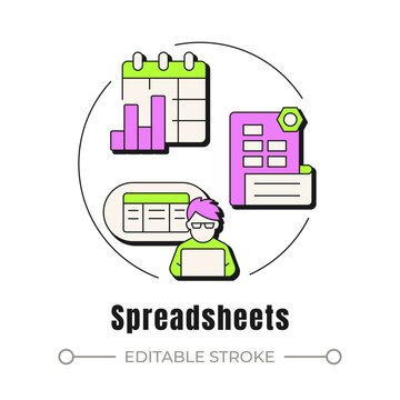 Spreadsheets neubrutalism concept icon. Digital workflow optimization. Data organization and modern workplace productivity. Trendy neo-memphis vector illustration. Circular contemporary flat design