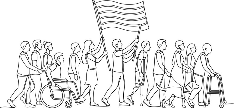 Diverse group of people participating in a protest march with a rainbow flag.