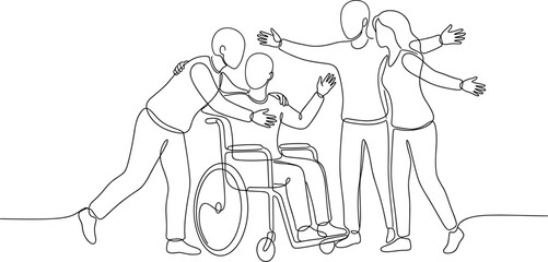 Obraz premium Continuous line drawing of a group of friends supporting a person in a wheelchair.