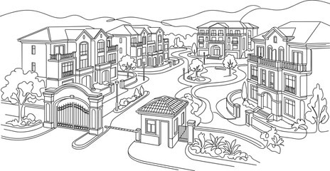 Obraz premium Black and white line art drawing of a gated residential community.