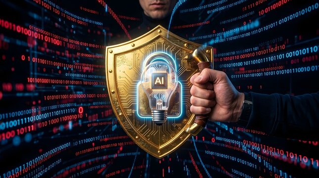 Golden shield with AI lock emblem protecting data streams against cyber threats and binary code