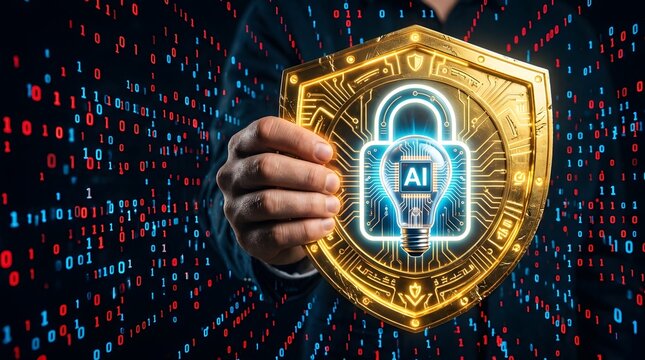 Golden shield with AI lock emblem protecting data streams against cyber threats and binary code